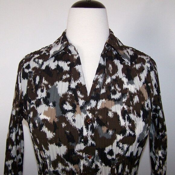 Apt. 9 Shirt Top Blouse PM Stretch Accordion Pleats Long Sleeves Brown Black - Picture 3 of 10